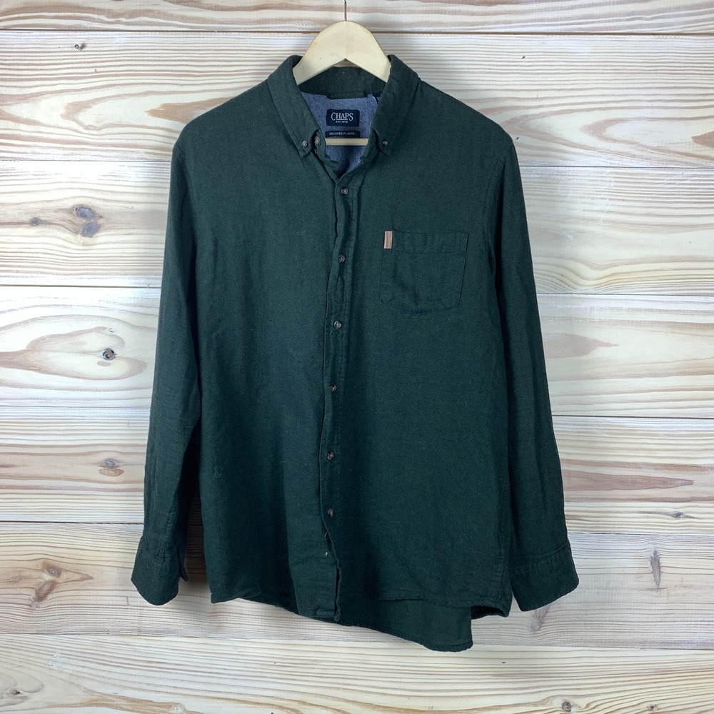 Chaps Brushed Flannel Shirt Mens Large Dark Green Cotton Classic‎ Preppy Outdoor